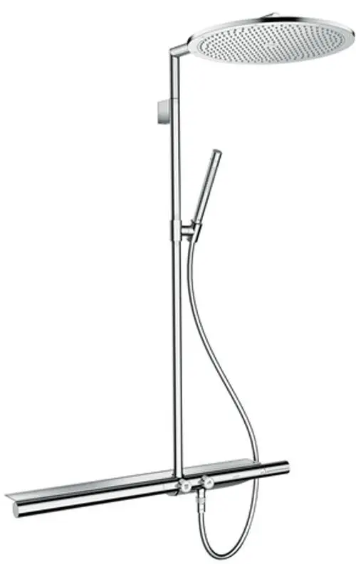 Showerpipe mit Thermostat und Kopfbrause, ausgestattet mit einer Handbrause, in verchromtem Finish. Produkt von AXOR, geeignet für moderne Badezimmer.
